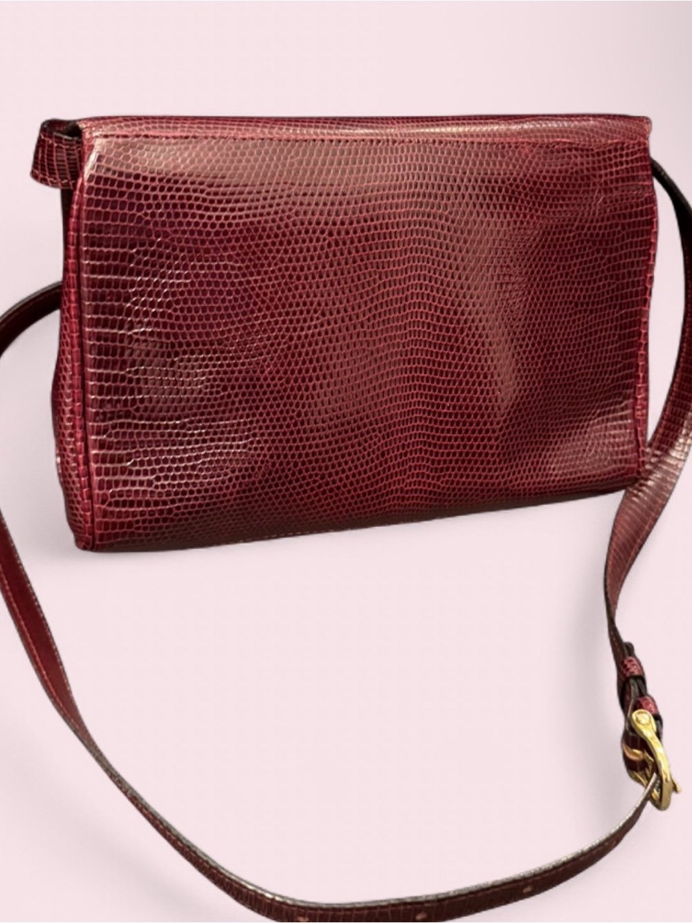 Vintage Celine Burgundy Lizard Skin Crossbody Bag with Gold Accent - Picture 4 of 6